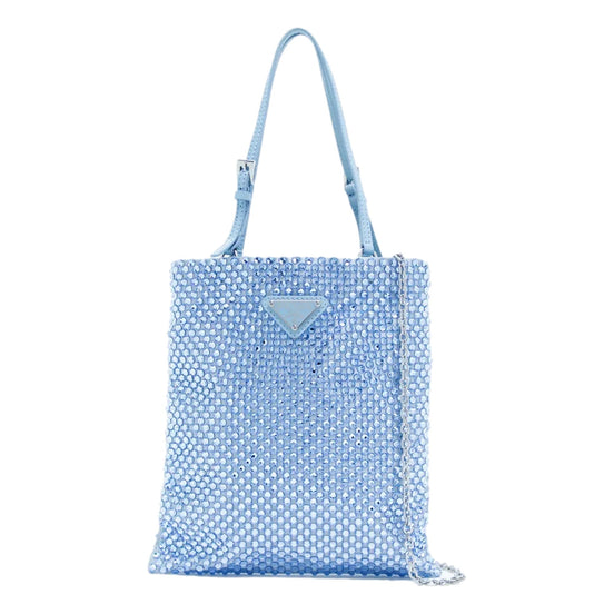 Prada Mini Satin Crystal Embellished Double Handle Crossbody Handbag Light Blue available at Queen Bee of Beverly Hills