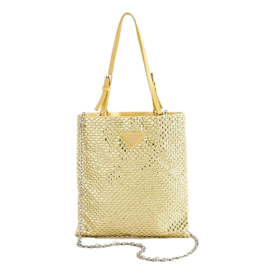 Prada Mini Satin Crystal Embellished Double Handle Crossbody Handbag Yellow available at Queen Bee of Beverly Hills