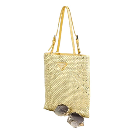 Prada Mini Satin Crystal Embellished Double Handle Crossbody Handbag Yellow available at Queen Bee of Beverly Hills