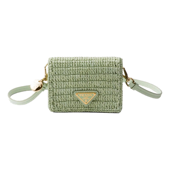 Prada Sage Green Crochet Raffia Mini Shoulder Bag with Leather Strap - available at Queen Bee of Beverly Hills. 