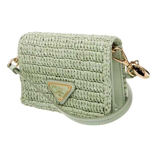 Prada Sage Green Crochet Raffia Mini Shoulder Bag with Leather Strap - available at Queen Bee of Beverly Hills.