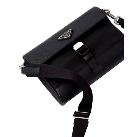 Prada Nero Black Re-Nylon Saffiano Silver Triangle Logo Messenger Crossbody Bag available at Queen Bee of Beverly Hills