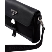 Prada Nero Black Re-Nylon Saffiano Silver Triangle Logo Messenger Crossbody Bag available at Queen Bee of Beverly Hills