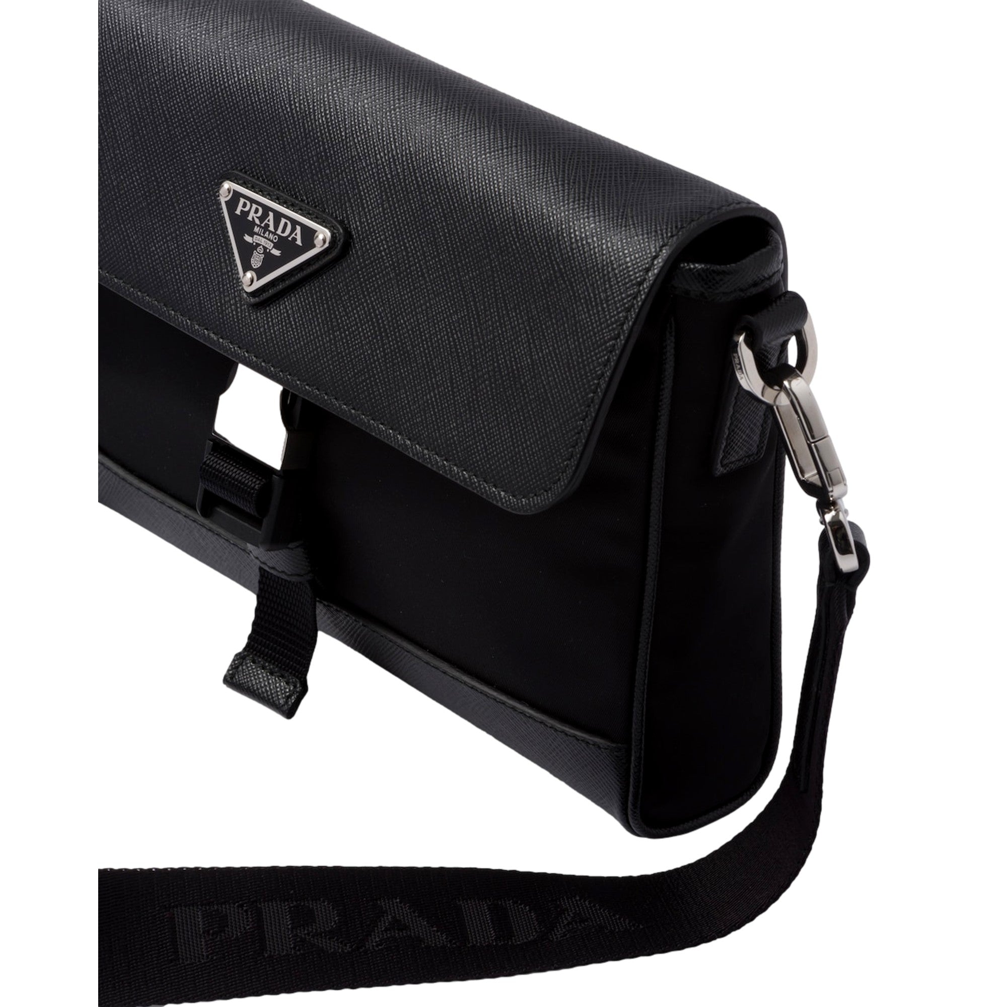 Prada Nero Black Re-Nylon Saffiano Silver Triangle Logo Messenger Crossbody Bag available at Queen Bee of Beverly Hills