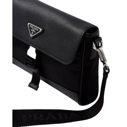 Prada Nero Black Re-Nylon Saffiano Silver Triangle Logo Messenger Crossbody Bag available at Queen Bee of Beverly Hills