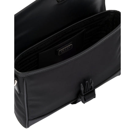 Prada Nero Black Re-Nylon Saffiano Silver Triangle Logo Messenger Crossbody Bag available at Queen Bee of Beverly Hills