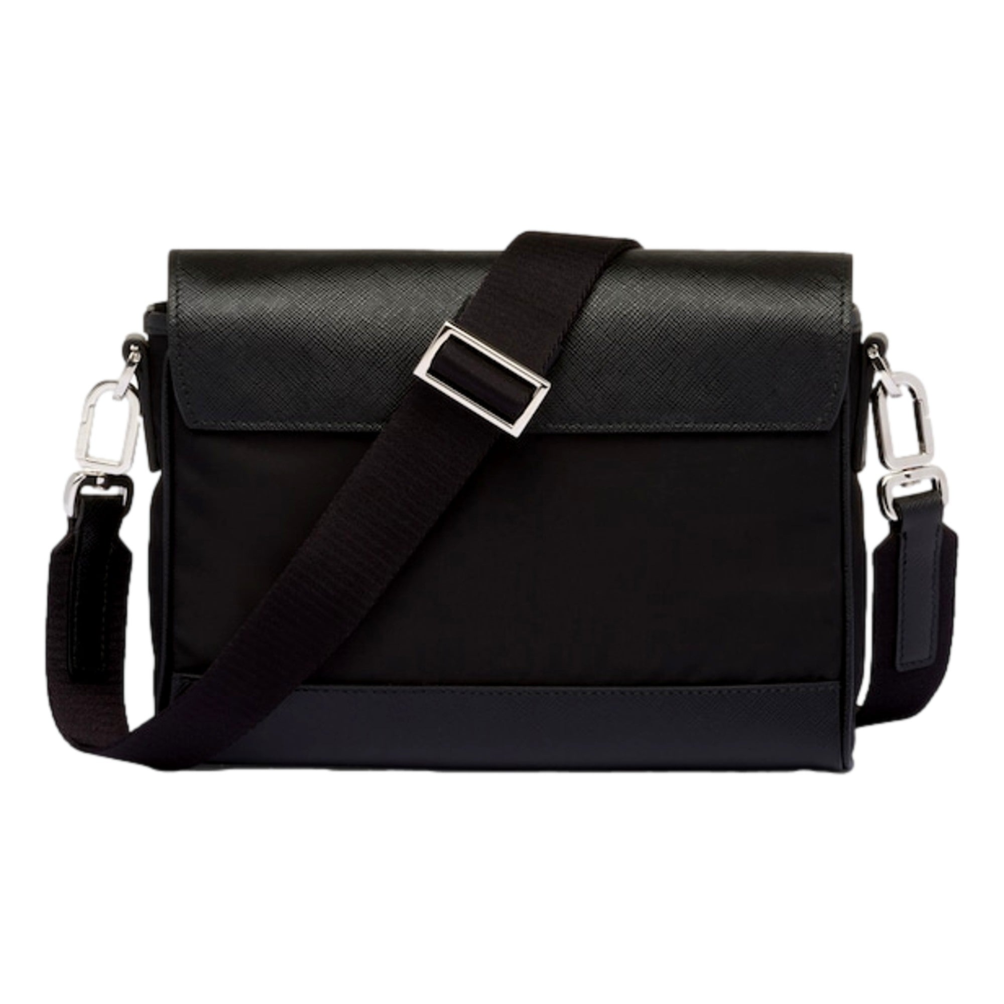 Prada Nero Black Re-Nylon Saffiano Silver Triangle Logo Messenger Crossbody Bag available at Queen Bee of Beverly Hills