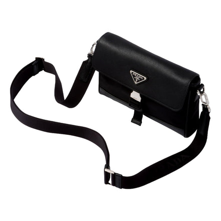 Prada Nero Black Re-Nylon Saffiano Silver Triangle Logo Messenger Crossbody Bag available at Queen Bee of Beverly Hills