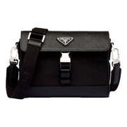 Prada Nero Black Re-Nylon Saffiano Silver Triangle Logo Messenger Crossbody Bag available at Queen Bee of Beverly Hills