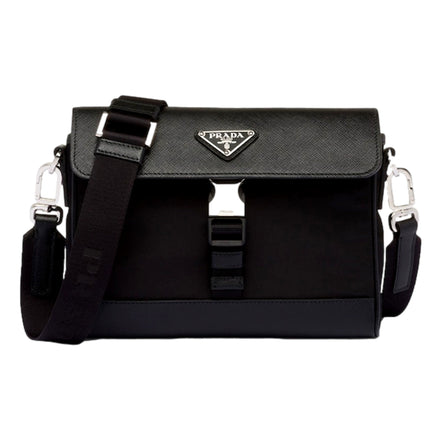 Prada Nero Black Re-Nylon Saffiano Silver Triangle Logo Messenger Crossbody Bag available at Queen Bee of Beverly Hills