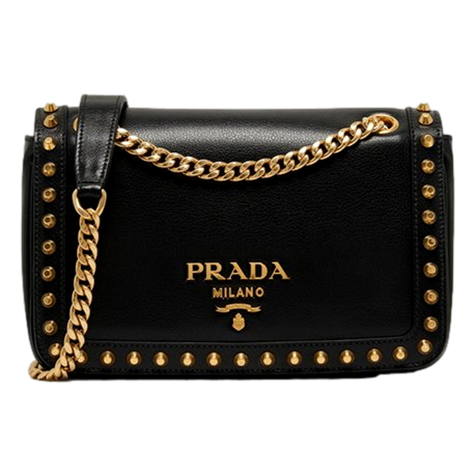 Prada Pattina Black Calf Leather Studded Flap Chain Crossbody Bag at_Queen_Bee_of_Beverly_Hills