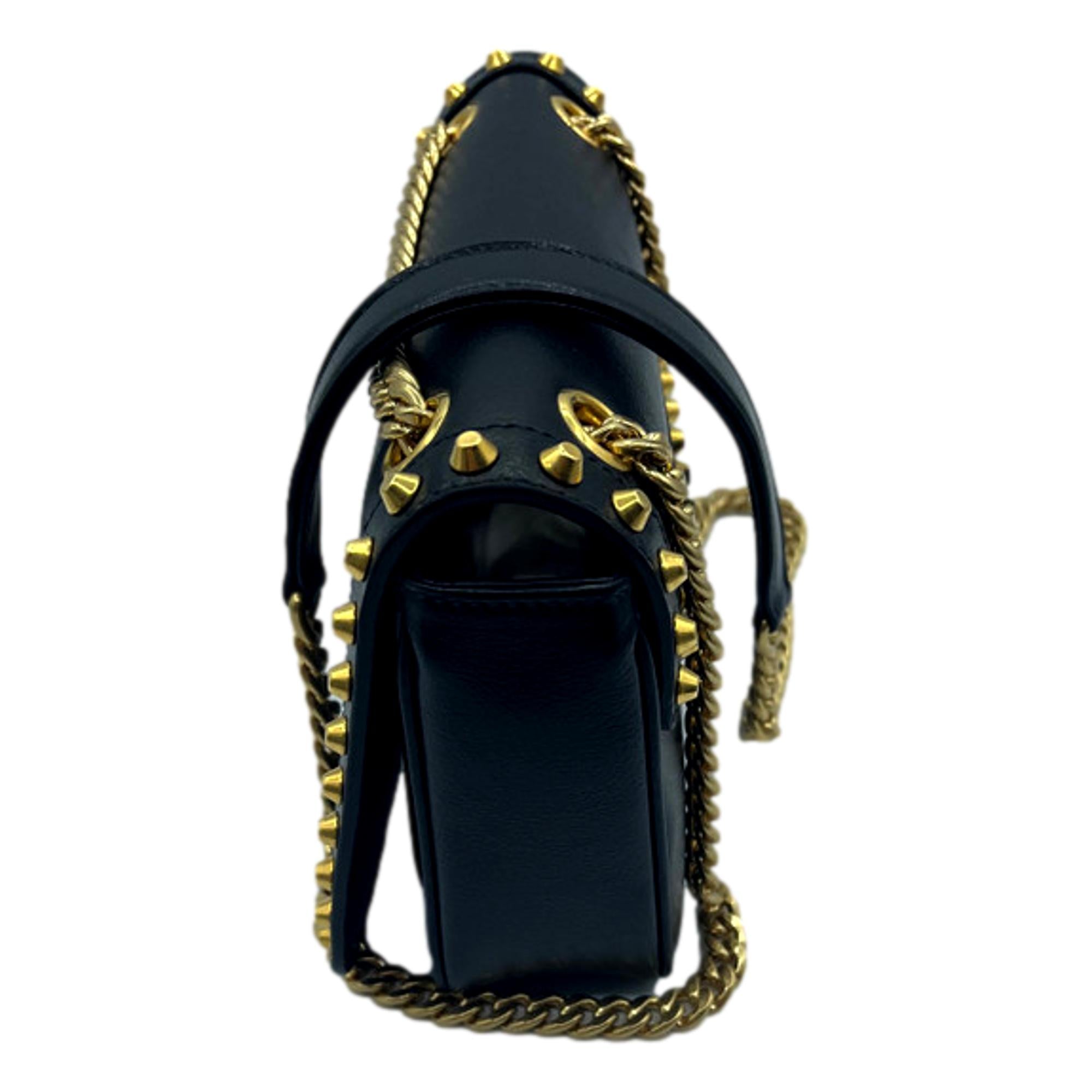 Prada Pattina Black Calf Leather Studded Flap Chain Crossbody Bag available at Queen Bee of Beverly Hills