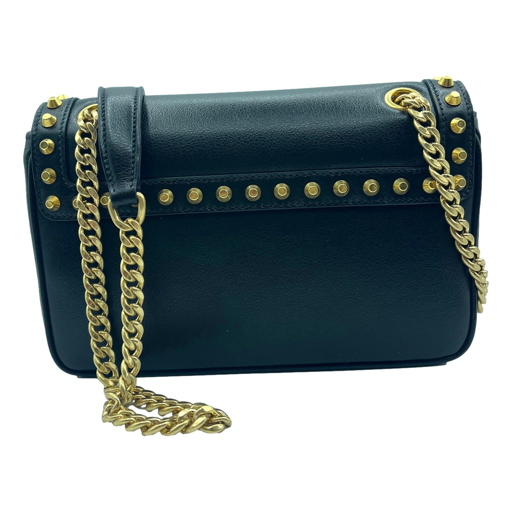 Prada Pattina Black Calf Leather Studded Flap Chain Crossbody Bag available at Queen Bee of Beverly Hills