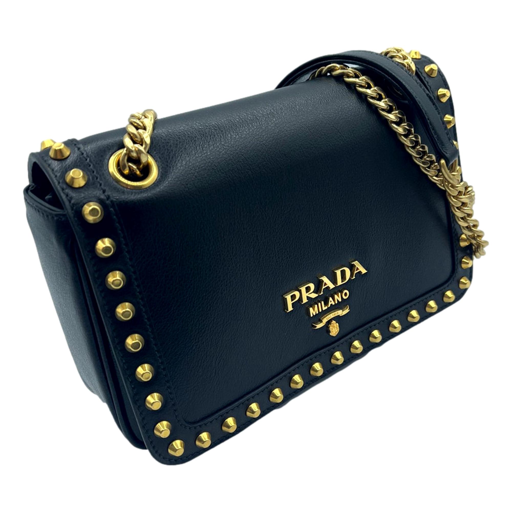 Prada Pattina Black Calf Leather Studded Flap Chain Crossbody Bag available at Queen Bee of Beverly Hills