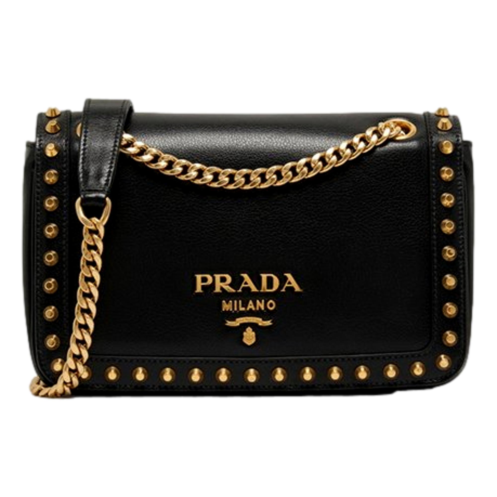 Prada Pattina Black Calf Leather Studded Flap Chain Crossbody Bag available at Queen Bee of Beverly Hills