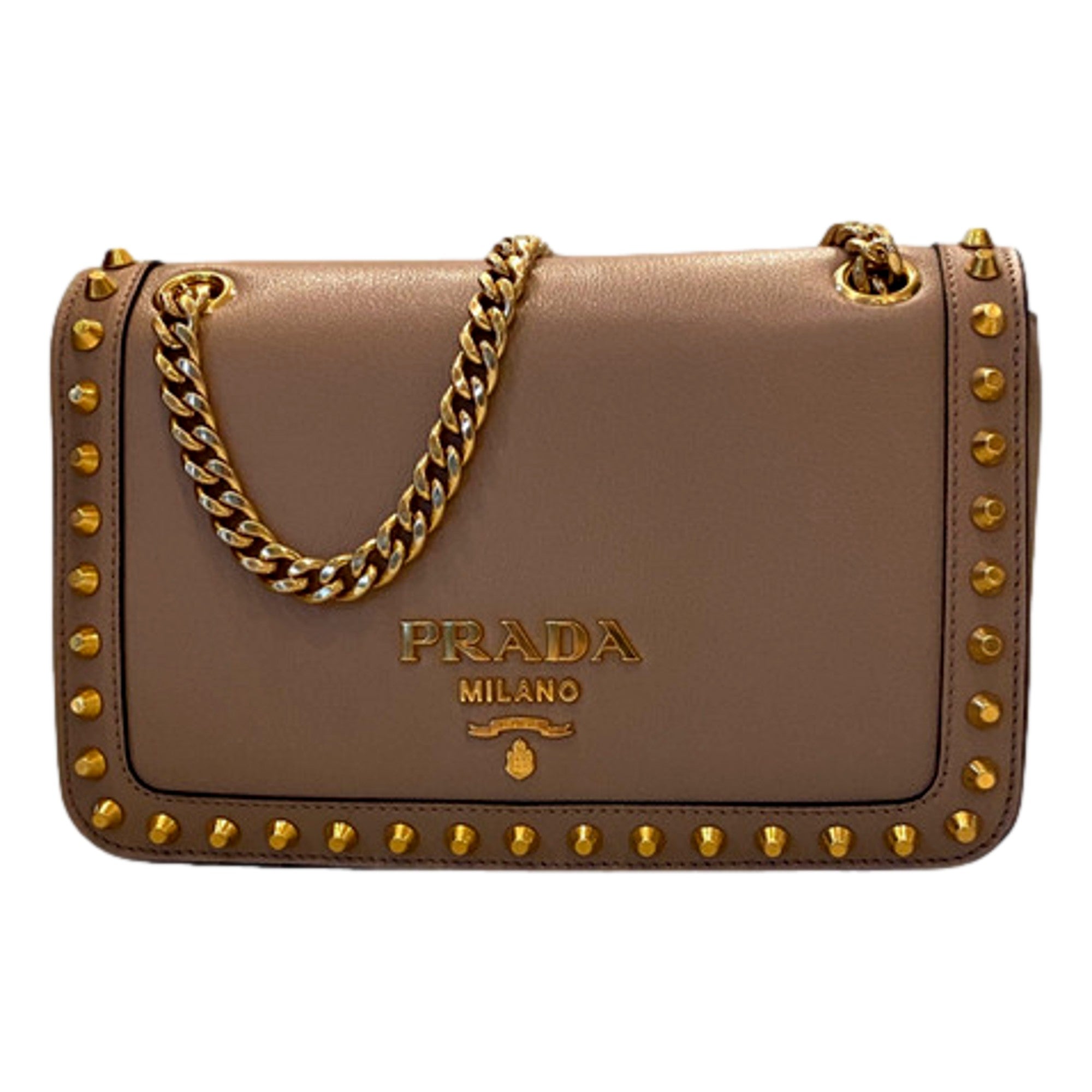 Prada Pattina Glace Calf Leather Cammeo Beige Gold Studded Bag available at Queen Bee of Beverly Hills