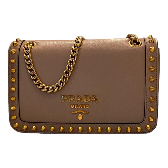 Prada Pattina Glace Calf Leather Cammeo Beige Gold Studded Bag available at Queen Bee of Beverly Hills