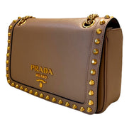 Prada Pattina Glace Calf Leather Cammeo Beige Gold Studded Bag available at Queen Bee of Beverly Hills