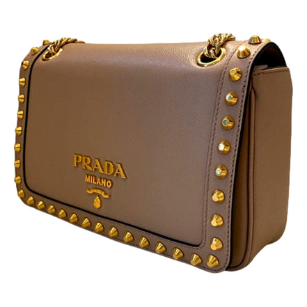 Prada Pattina Glace Calf Leather Cammeo Beige Gold Studded Bag available at Queen Bee of Beverly Hills