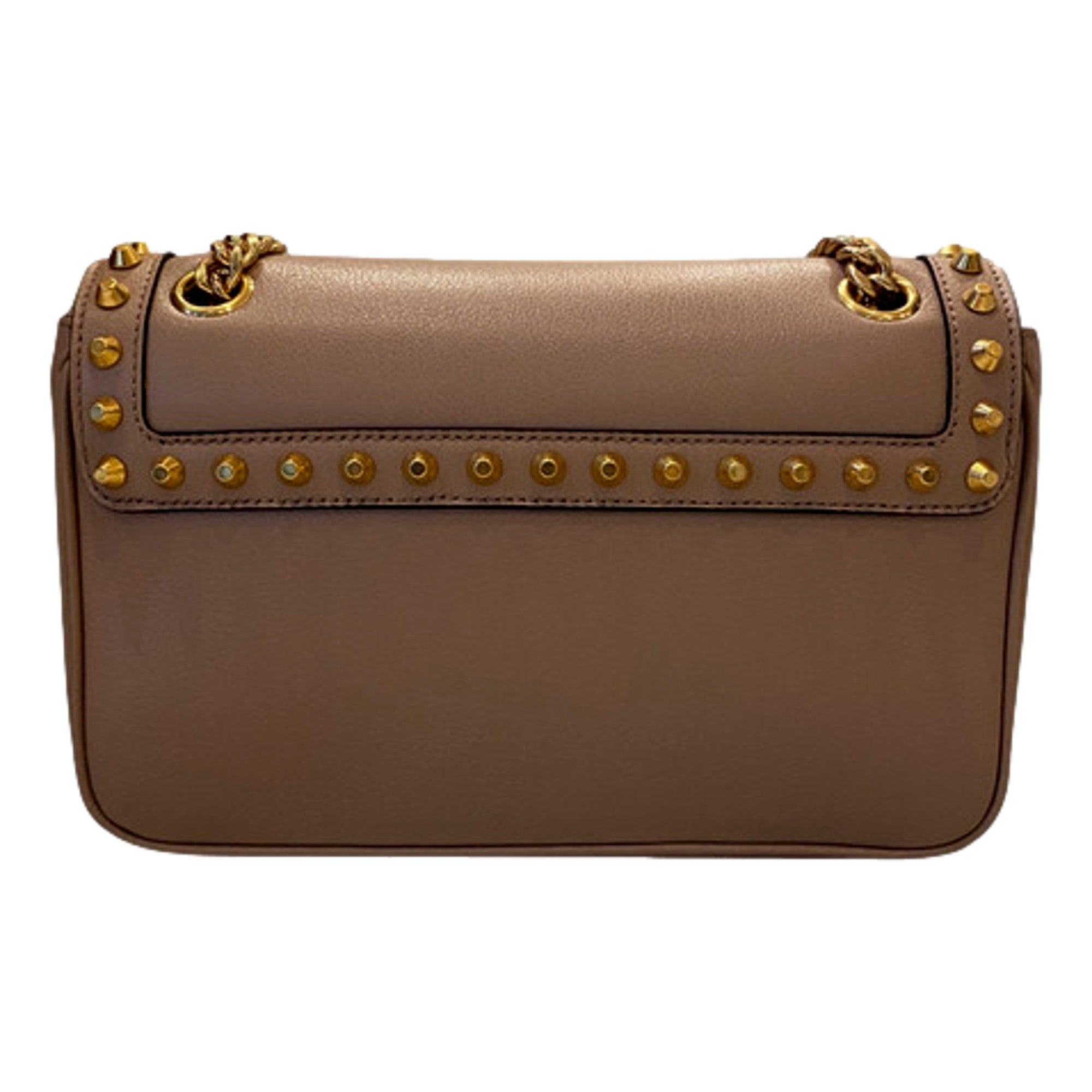 Prada Pattina Glace Calf Leather Cammeo Beige Gold Studded Bag available at Queen Bee of Beverly Hills