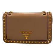 Prada Pattina Glace Calf Leather Cammeo Beige Gold Studded Bag available at Queen Bee of Beverly Hills