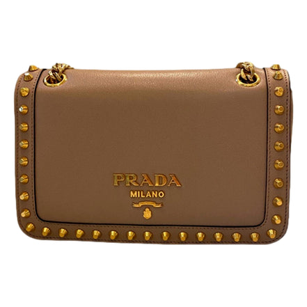 Prada Pattina Glace Calf Leather Cammeo Beige Gold Studded Bag available at Queen Bee of Beverly Hills