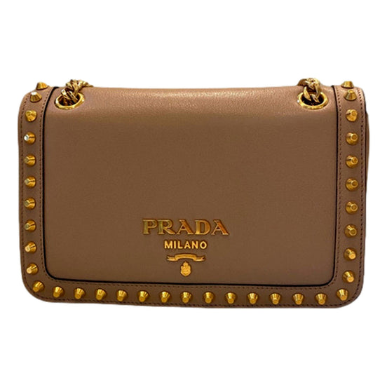 Prada Pattina Glace Calf Leather Cammeo Beige Gold Studded Bag available at Queen Bee of Beverly Hills