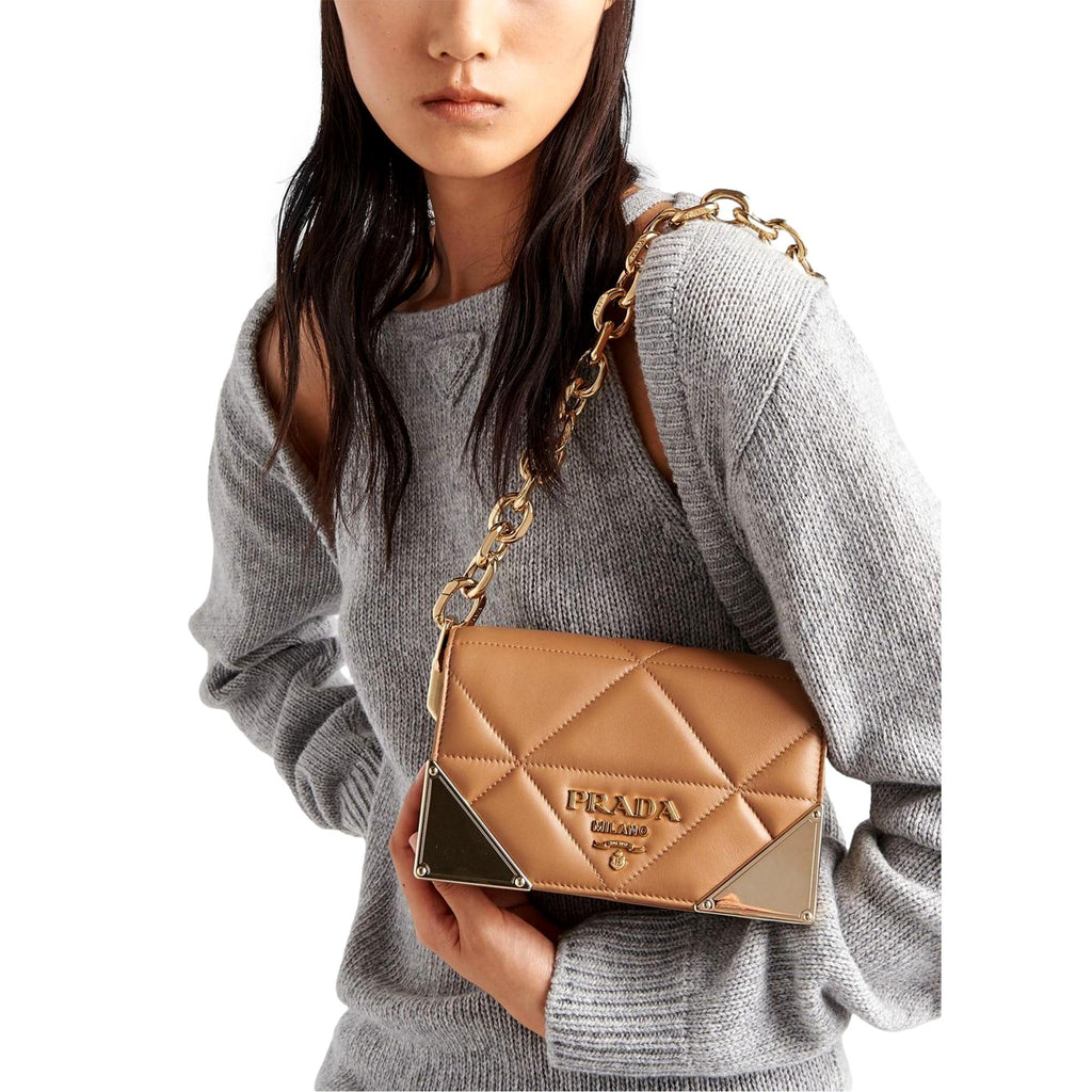 Prada Quilted Nappa Caramel Leather Shoulder Bag at_Queen_Bee_of_Beverly_Hills