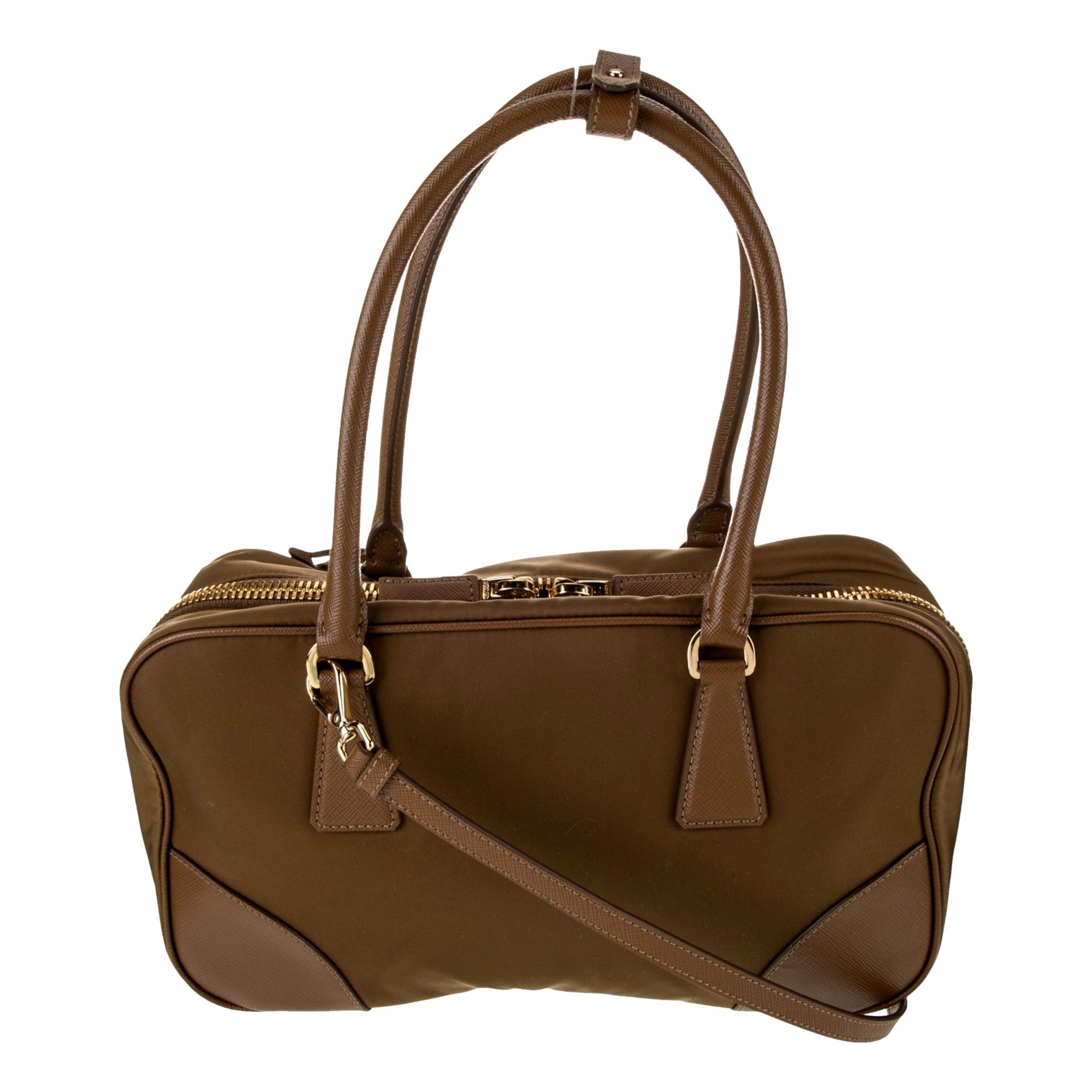 Prada Re-Edition 1978 Medium Re-Nylon and Saffiano Leather Two-Handle Bag Cork Beige - available at Queen Bee of Beverly Hills. 