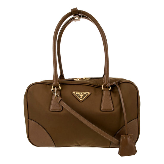 Prada Re-Edition 1978 Medium Re-Nylon and Saffiano Leather Two-Handle Bag Cork Beige - available at Queen Bee of Beverly Hills. 