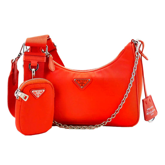 Prada Re-Edition 2005 Arancio Orange Nylon Saffiano Leather Shoulder Bag - available at Queen Bee of Beverly Hills.