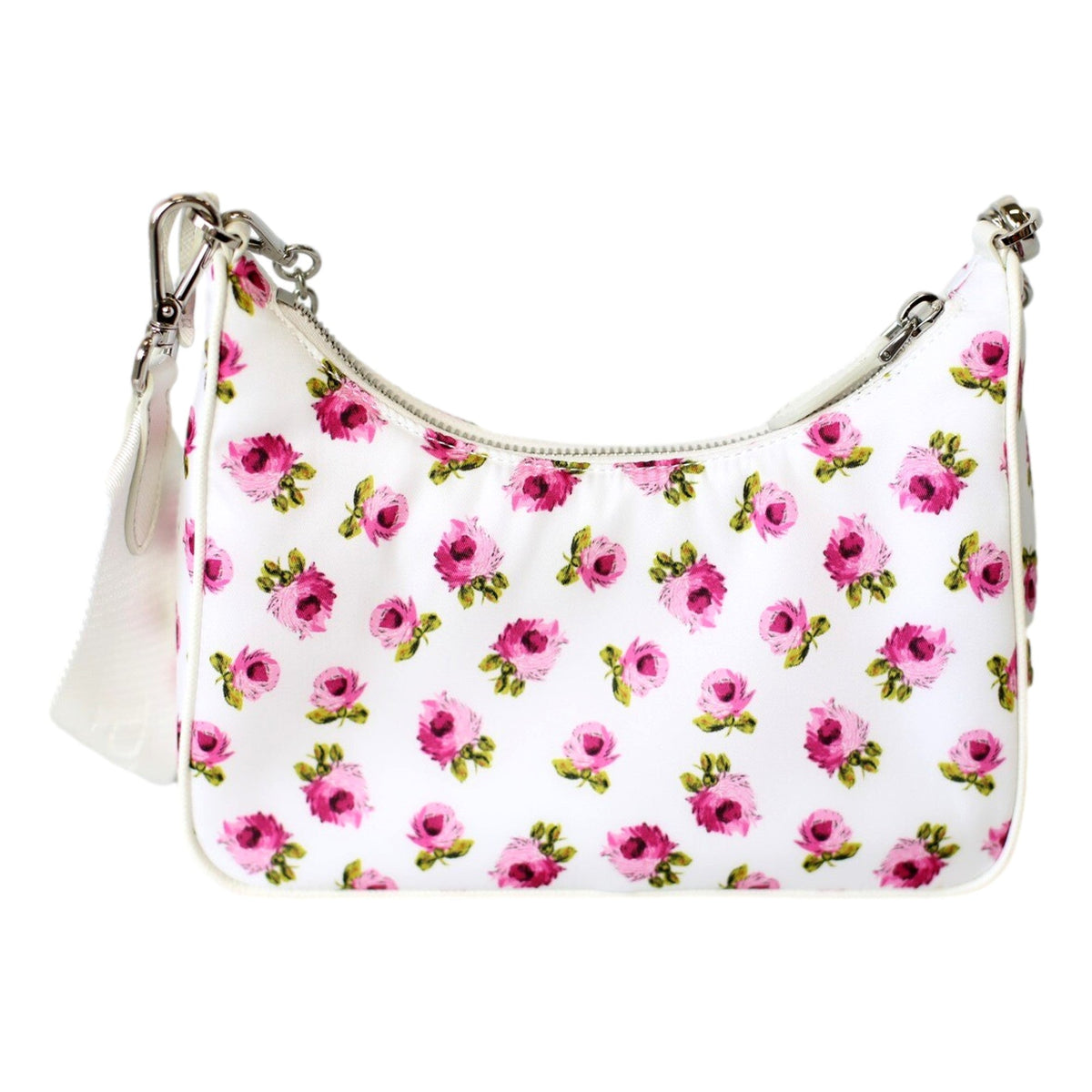 Prada Re-Edition Hobo Bag Tessuto Nylon Womens Mini Pink and White Floral available at Queen Bee of Beverly Hills