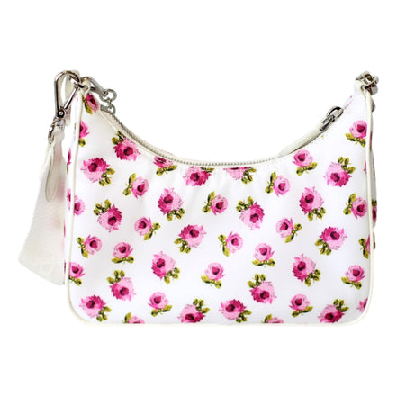 Prada Re-Edition Hobo Bag Tessuto Nylon Womens Mini Pink and White Floral available at Queen Bee of Beverly Hills
