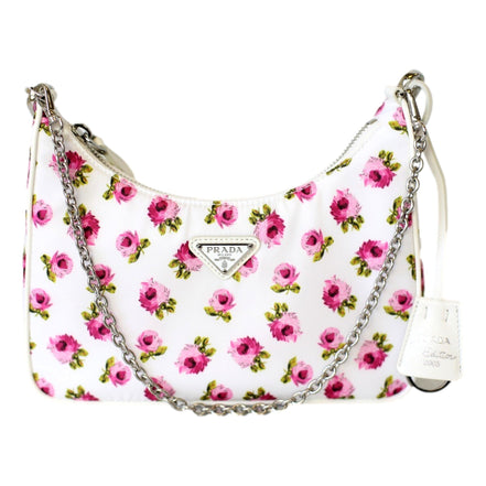 Prada Re-Edition Hobo Bag Tessuto Nylon Womens Mini Pink and White Floral available at Queen Bee of Beverly Hills