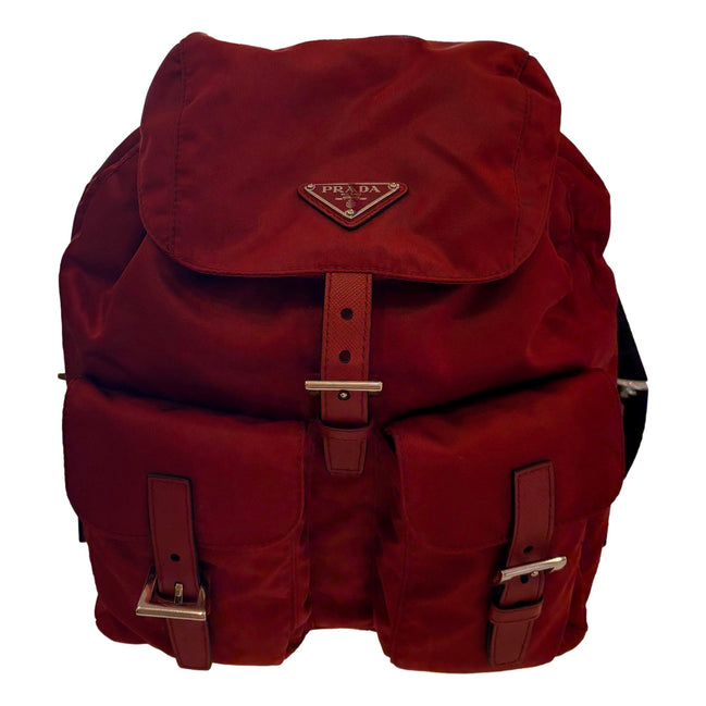 Prada Re-Edition Re-Nylon Drawstring Backpack Fuoco Burgundy Red Medium Womens available at Queen Bee of Beverly Hills