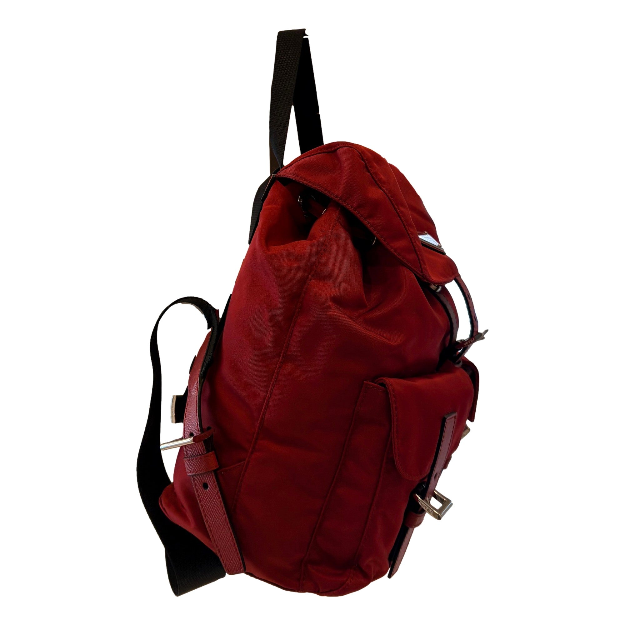 Prada Re-Edition Re-Nylon Drawstring Backpack Fuoco Burgundy Red Medium Womens available at Queen Bee of Beverly Hills