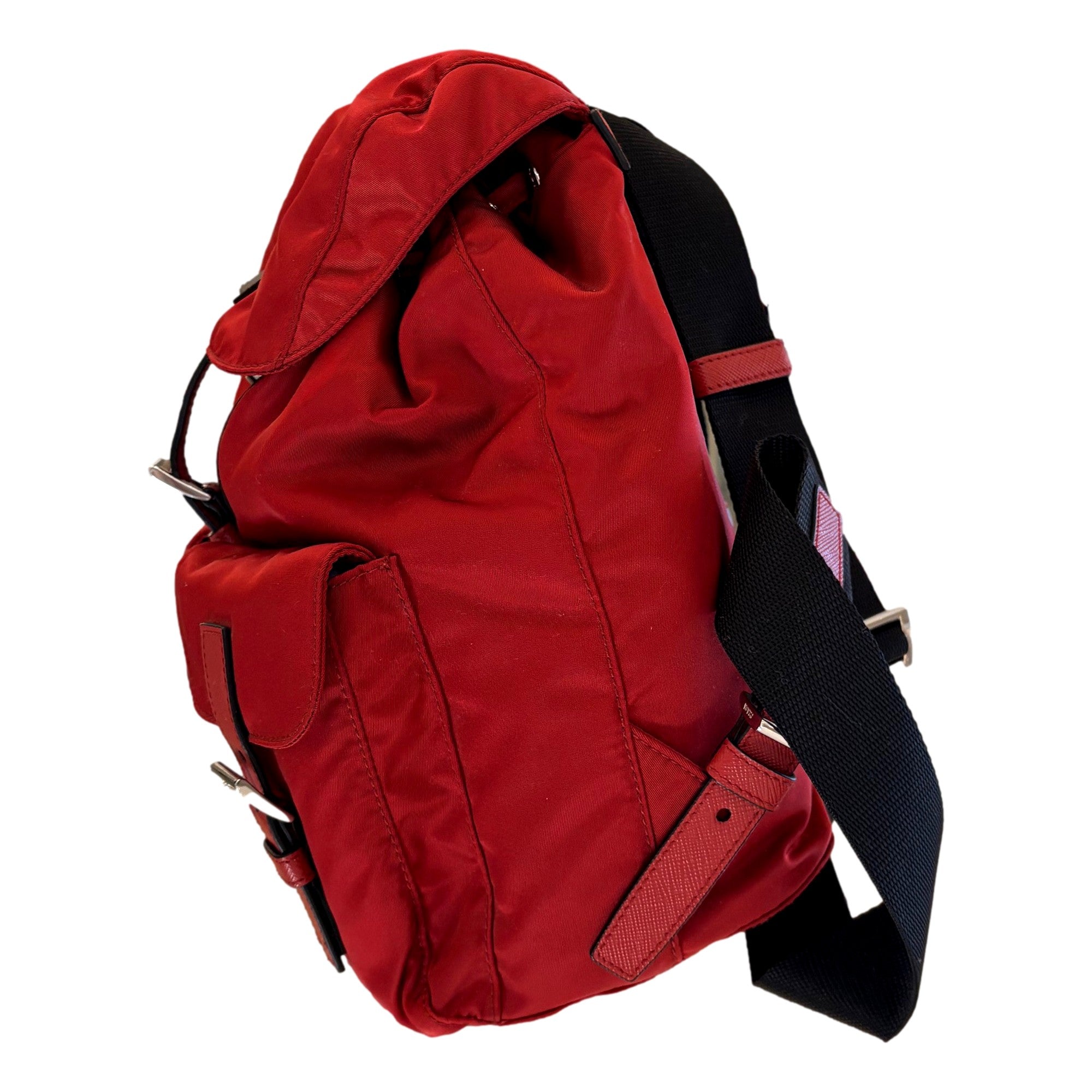 Prada Re-Edition Re-Nylon Drawstring Backpack Fuoco Burgundy Red Medium Womens available at Queen Bee of Beverly Hills