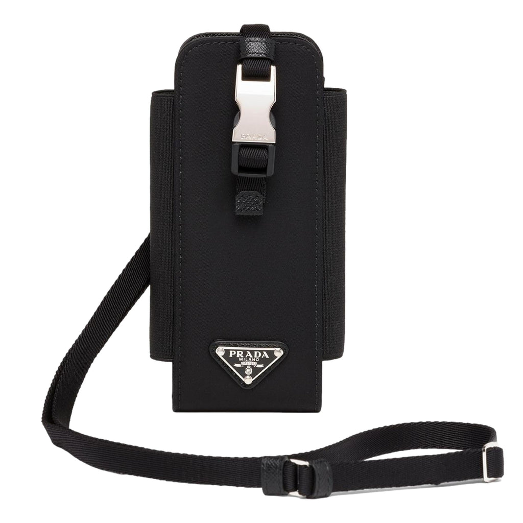 Prada Saffiano Leather Phone Case With Webbing Lanyard in Black for Men