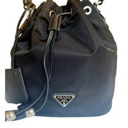 Prada Re-Nylon Black Tassel Drawstring Bucket Bag available at Queen Bee of Beverly Hills