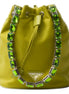 Prada Re-Nylon Felce Green Drawstring Bucket Bag Embellished Crystal Handle available at Queen Bee of Beverly Hills