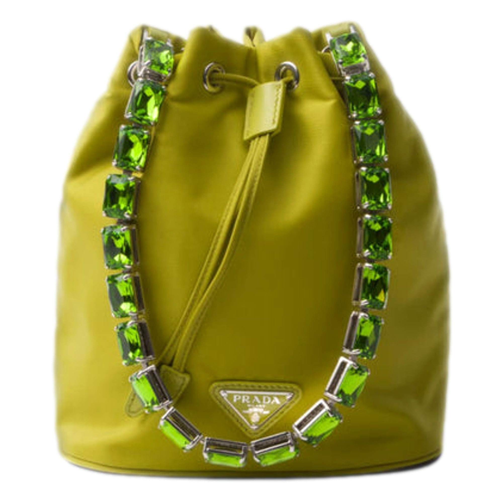 Prada Re-Nylon Felce Green Drawstring Bucket Bag Embellished Crystal Handle available at Queen Bee of Beverly Hills