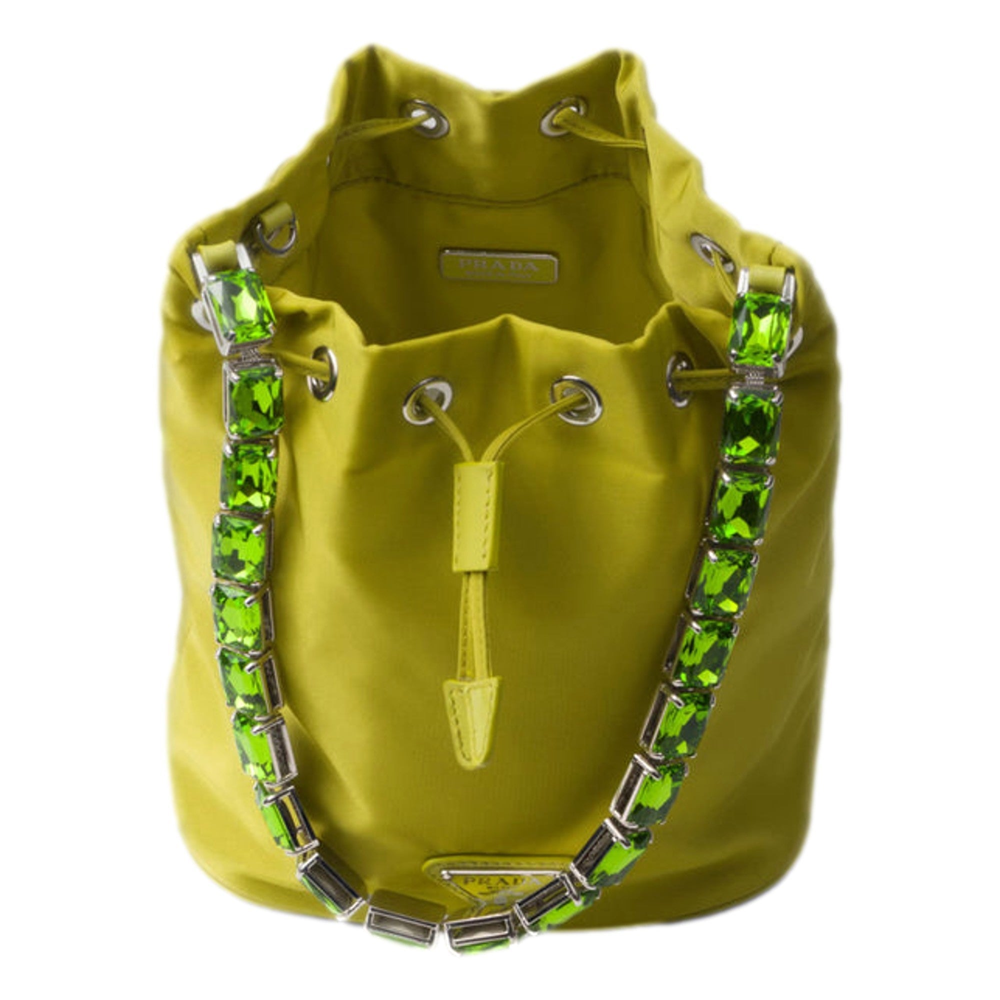 Prada Re-Nylon Felce Green Drawstring Bucket Bag Embellished Crystal Handle available at Queen Bee of Beverly Hills
