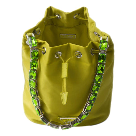 Prada Re-Nylon Felce Green Drawstring Bucket Bag Embellished Crystal Handle available at Queen Bee of Beverly Hills