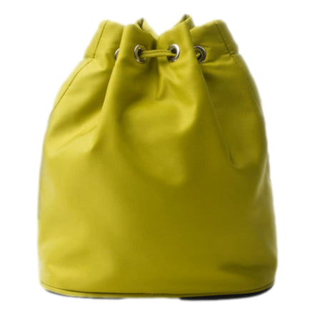 Prada Re-Nylon Felce Green Drawstring Bucket Bag Embellished Crystal Handle available at Queen Bee of Beverly Hills