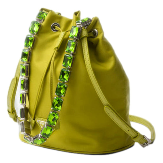 Prada Re-Nylon Felce Green Drawstring Bucket Bag Embellished Crystal Handle available at Queen Bee of Beverly Hills