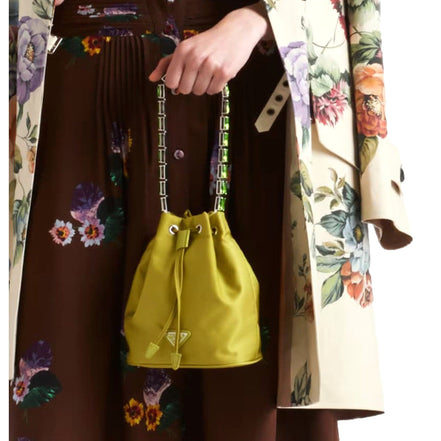 Prada Re-Nylon Felce Green Drawstring Bucket Bag Embellished Crystal Handle available at Queen Bee of Beverly Hills