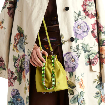 Prada Re-Nylon Felce Green Drawstring Bucket Bag Embellished Crystal Handle available at Queen Bee of Beverly Hills