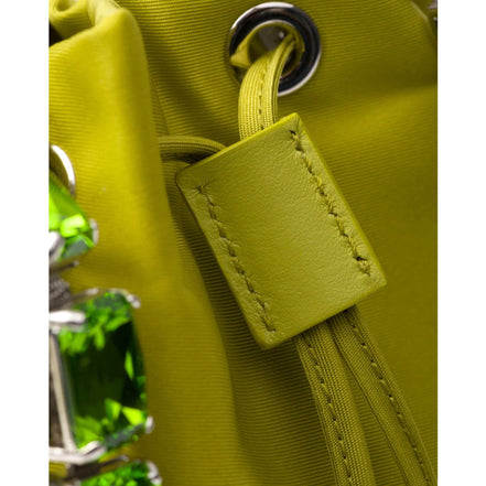 Prada Re-Nylon Felce Green Drawstring Bucket Bag Embellished Crystal Handle available at Queen Bee of Beverly Hills
