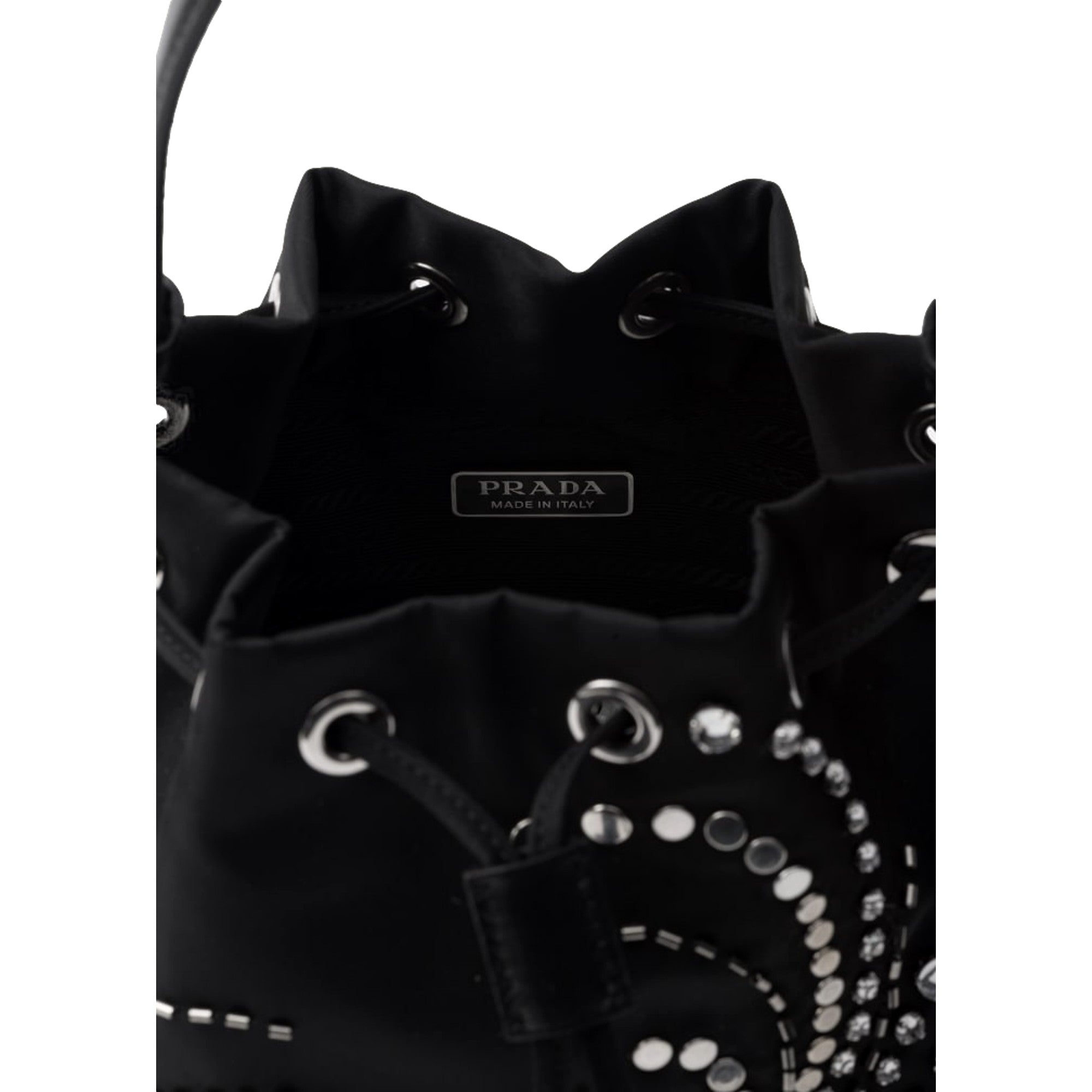 Prada Re-Nylon Mini Drawstring Bucket Bag Black Beaded Embroidered available at Queen Bee of Beverly Hills