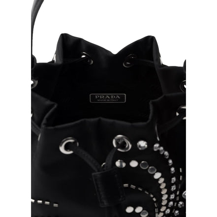Prada Re-Nylon Mini Drawstring Bucket Bag Black Beaded Embroidered available at Queen Bee of Beverly Hills